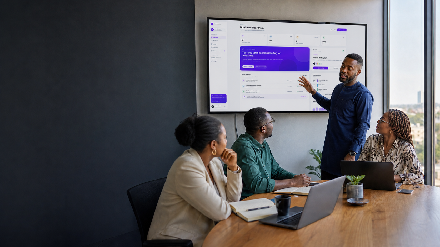 A product team reviewing meeting decisions and action items together